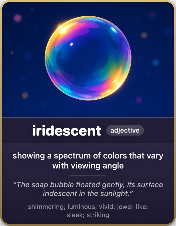 Lexi's word card for 'iridescent': a soap bubble shimmering violet, orange, and blue against a night sky; below, the definition 'showing a spectrum of colors that vary with viewing angle' and the example 'The soap bubble floated gently, its surface iridescent in the sunlight.'