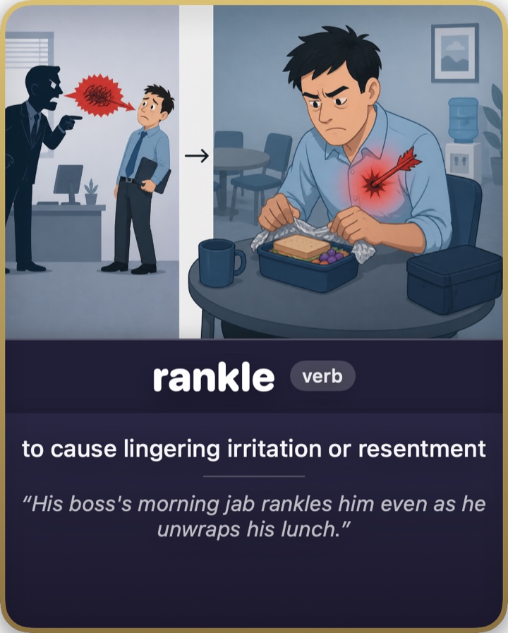 Lexi's word card for rankle: two-panel art of a boss's jab landing, then the same man at lunch with the barb still stuck in his chest, above the definition "to cause lingering irritation or resentment" and a matching example sentence.