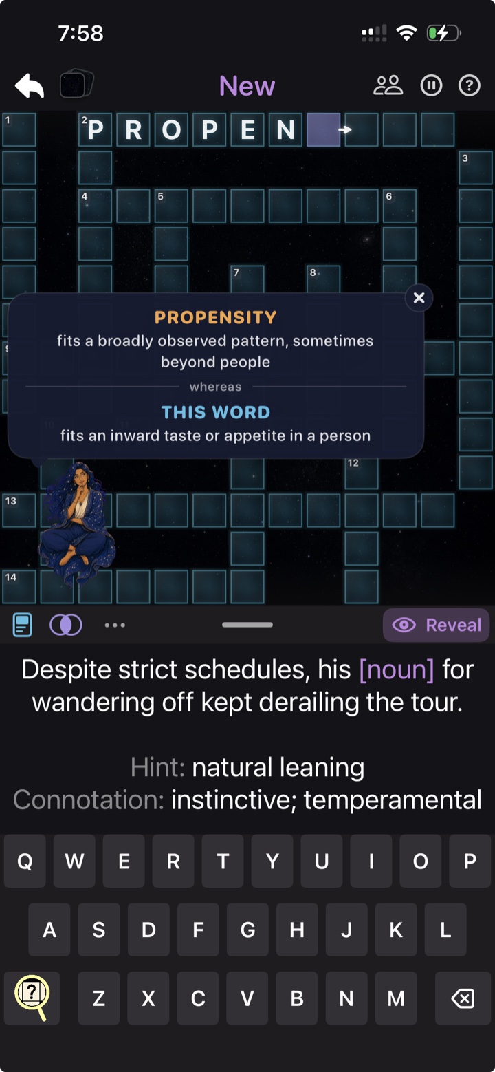 Mid-crossword in Lexi: the player typed 'propensity' where a synonym belongs, and a card explains that propensity fits a broadly observed pattern whereas this word fits an inward taste or appetite in a person — with Lexi Constella, the app's mystic teacher, seated on the board