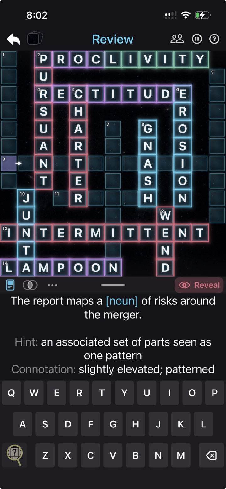 A Lexi crossword mid-review: solved words including proclivity, rectitude, lampoon, and intermittent glowing in different colors on a starfield board, with a fill-in-the-blank clue and hint below