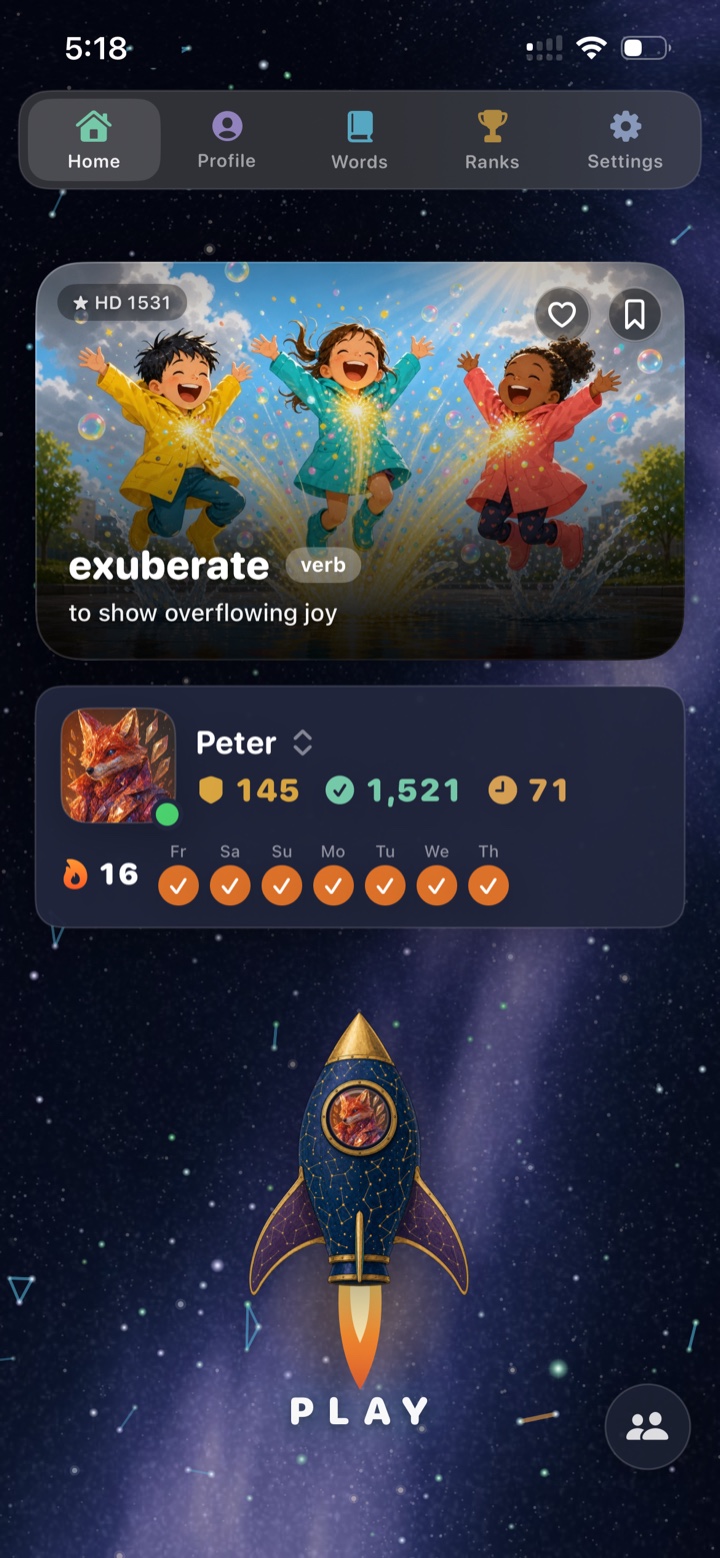 Lexi home screen: the word of the day 'exuberate' on an illustrated card above a 16-day streak row, with a constellation-patterned rocket as the Play button over a starfield of learned words